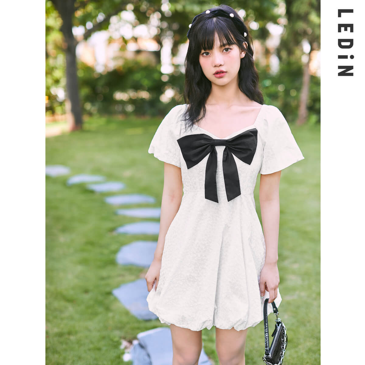 氣質水冰月連衣裙新款春蝴蝶結連衣裙方領茶歇裙